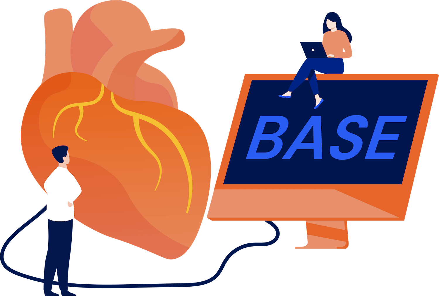 Illustration zu runBASE ERP-Software Basisinstallation mit einem Monitor und einem angeschlossenen Herzorgan.