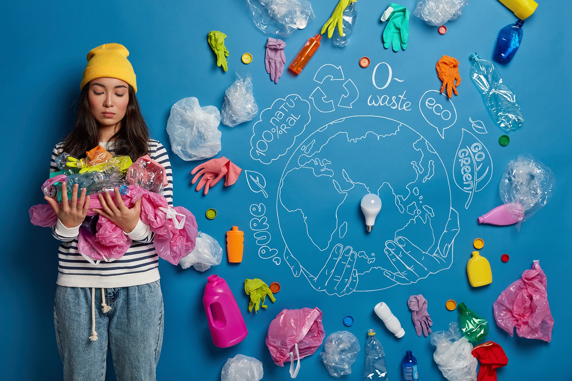 Weibliche Person hält Plastikmüll in den Händen, im Hintergrund sind Plastikverpackungen um eine gezeichnete Erde gelegt